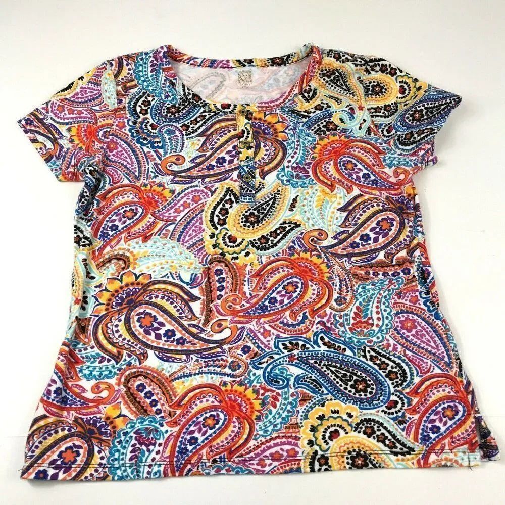 Anne Klein Sport Womens T Shirt Paisley Short Sleeve Henley Tee Blouse PL Petite